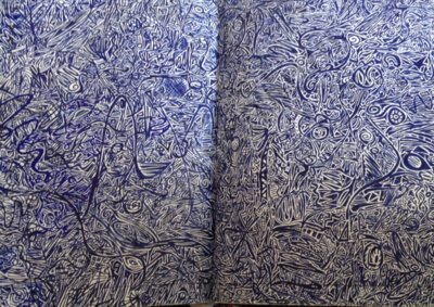 Open book blue pen doodle art